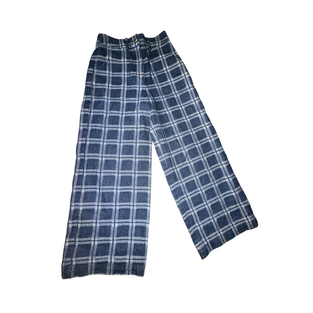 FRNCH Paris Blue White Plaid Wide Leg Cotton Pants XS F12166 High Rise Trousers